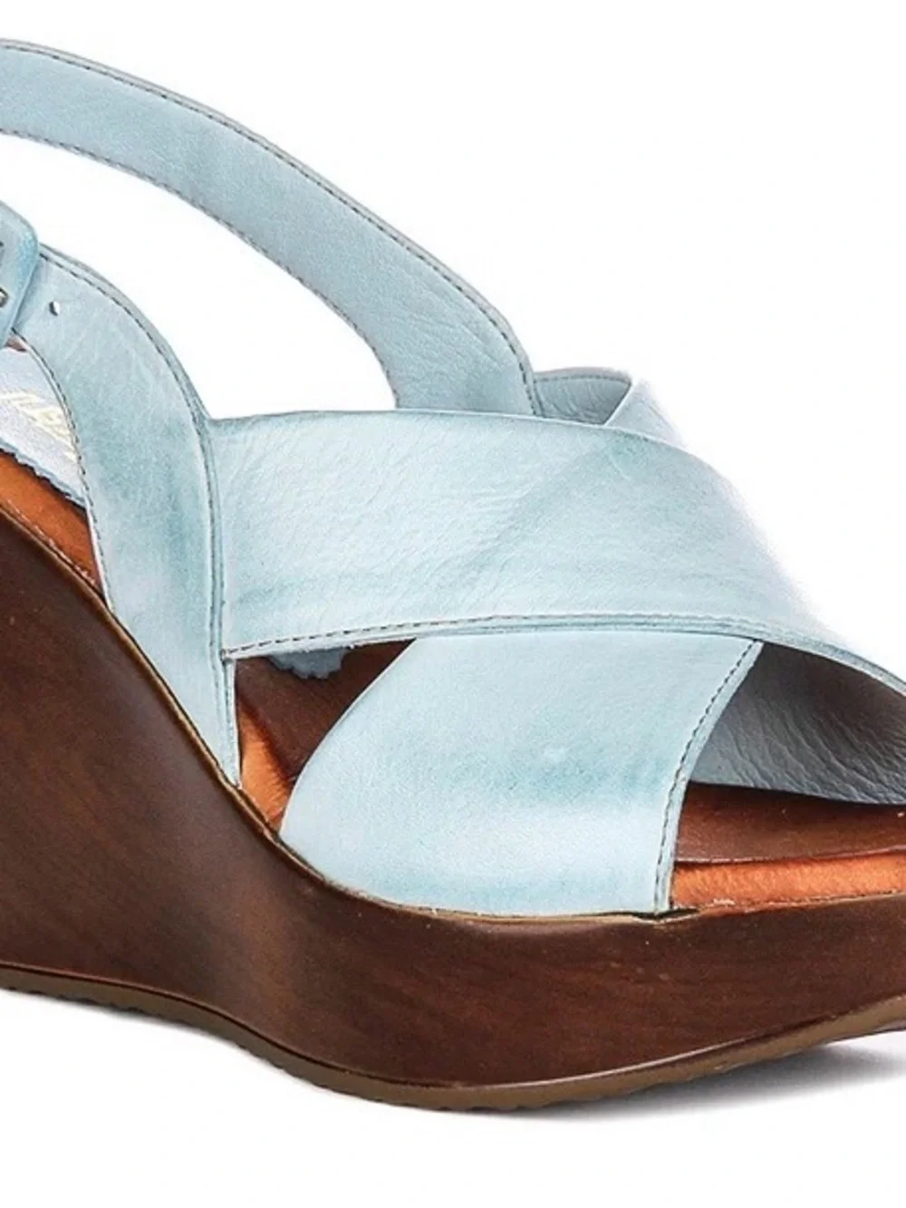 Sky Blue Leather Espadrille Wedge Sandals with Adjustable Buckle